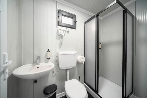a bathroom with a toilet and a sink and a shower at Mobile Homes Vrata Krke in Lozovac