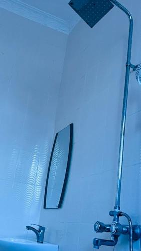 a blue room with a lamp and a mirror at ANITHA EXECUTIVe LODGE in Kibaha