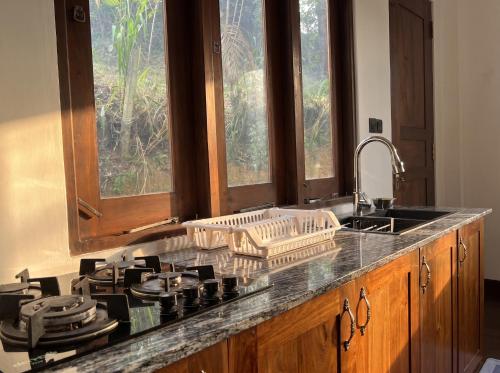 a kitchen counter with a stove and a sink at Top Mountain Resort in Diyatalawa