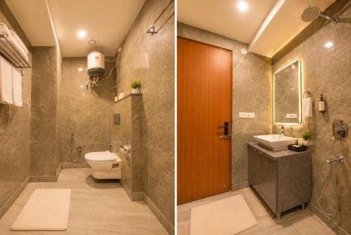 two pictures of a bathroom with a toilet and a sink at Hotel Kasa Stays Premier - Peeragarhi Metro Station in New Delhi