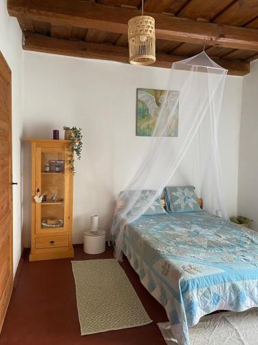 a bedroom with a bed with a mosquito net at Jégmadár Festőporta in Somogyfajsz