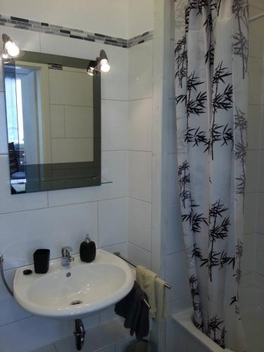 a bathroom with a sink and a shower curtain at Gästehaus Elisabeth in Schlangenbad
