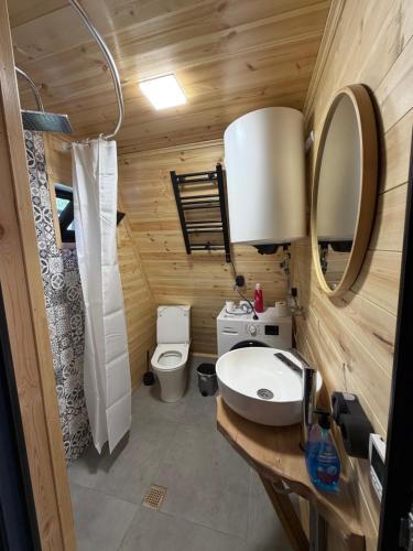 a bathroom with a toilet and a sink and a mirror at Larda in Nankvam-Zagrali