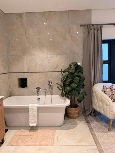a bathroom with a tub and a potted plant at Hermanus Villa in Hermanus