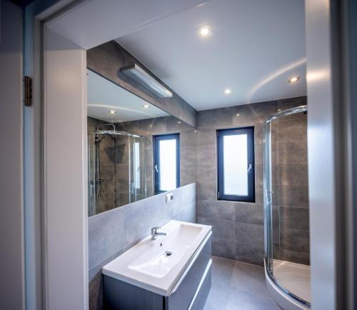 a bathroom with a sink and a shower at LR10 Dom Wakacyjny in Lubogoszcz