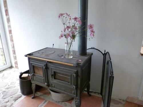 an old wood stove with flowers in a vase on it at Ferienwohnung Rossenhof in Weesby