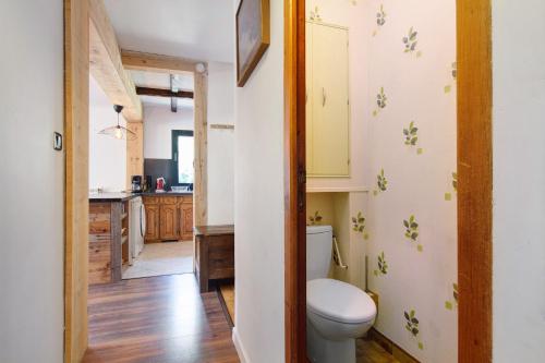 a bathroom with a toilet and a kitchen at Gite Les Grillons in Belvédère