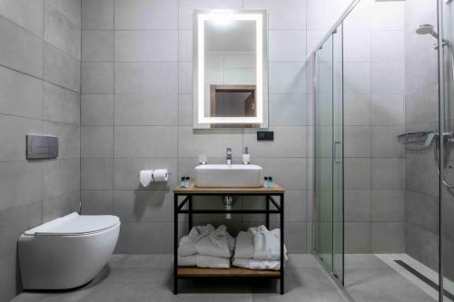 a bathroom with a sink and a toilet and a shower at Apartel Shayan in Shaian