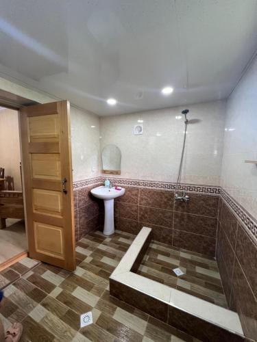 a bathroom with a shower and a sink at Otisha Guesthouse in Tsaldashi