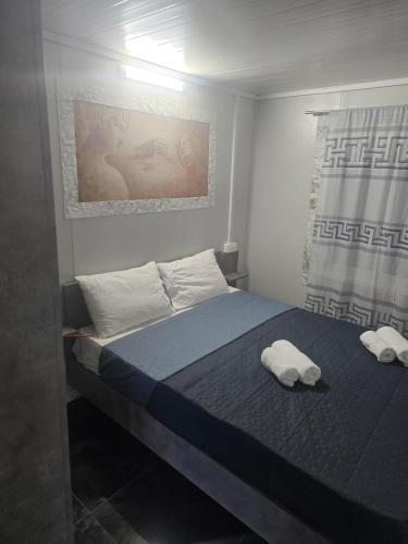 a bedroom with a bed with two towels on it at Krikonis Apartments Leptokarya in Leptokarya