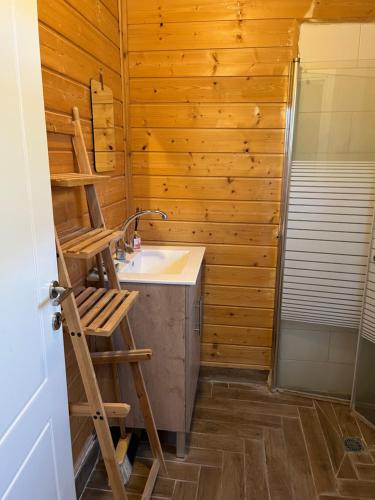 a bathroom with a sink and a wooden wall at תפארת עזך- לשומרי מצוות in Kefar H̱ananya