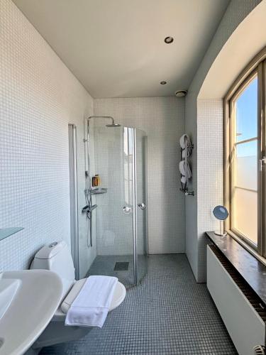 a bathroom with a shower and a toilet and a sink at Maritim Hotell & Krog in Simrishamn