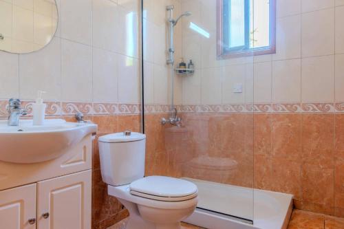 a bathroom with a toilet and a shower and a sink at Villa Poppy by Villa Plus in Polis Chrysochous