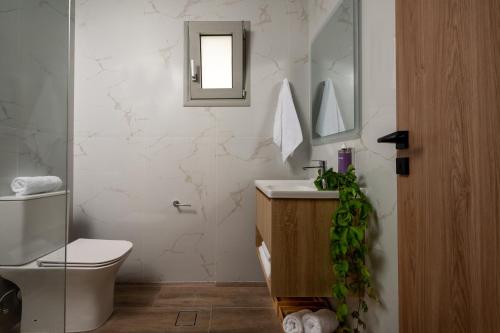 a bathroom with a toilet and a sink and a mirror at San Marine Beach Hotel, Heart of Chersonissos, Steps from the Sea in Hersonissos