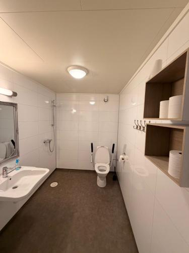 a bathroom with a white toilet and a sink at Saltstraumen camping in Bodø