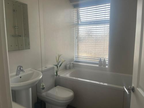 a white bathroom with a toilet and a sink at Jagger Green Retreat in Greetland