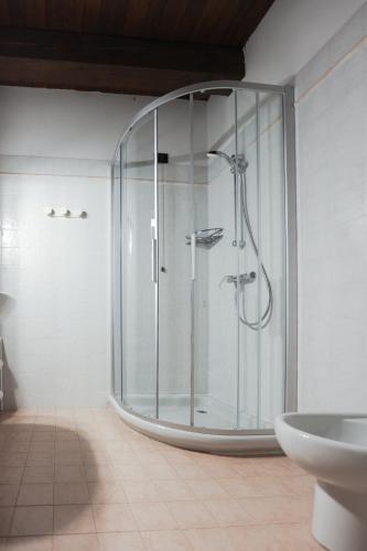 a bathroom with a glass shower and a sink at Agriturismo Rechsteiner in Ponte di Piave
