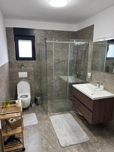 a bathroom with a shower and a toilet and a sink at Villa Vento Mostar in Mostar