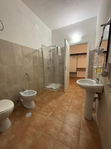 a bathroom with a shower and a toilet and a sink at Hotel Panorama in Cerreto di Spoleto
