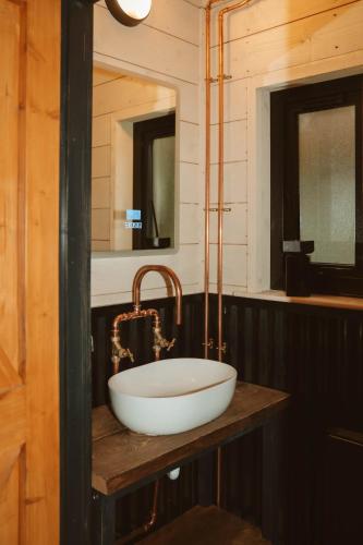 a bathroom with a white bowl sink on a counter at The Forest Loft in Drumsurn