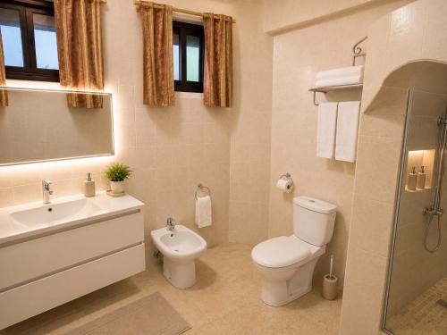 a bathroom with a toilet and a sink and a shower at Roc Heights in Bakau
