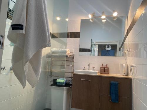 a bathroom with a sink and a mirror at Newport Cottage sleeps 5 in Newport