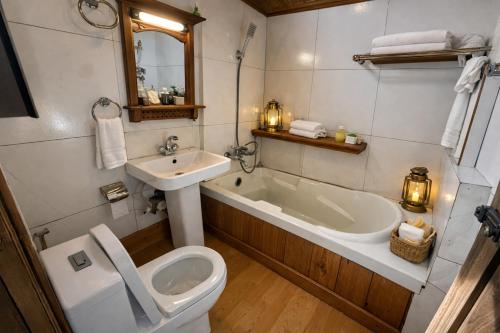 a bathroom with a toilet and a sink and a tub at Chicago Group of Houseboats in Srinagar