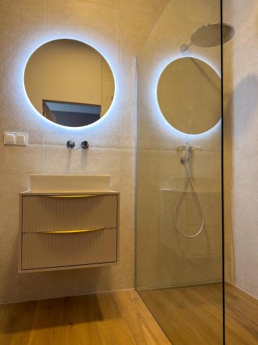a bathroom with a shower with a round mirror at Furman's Court in Lublin