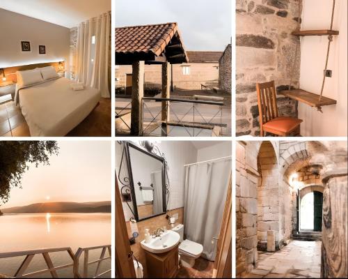 a collage of photos with a hotel room and a bathroom at Casa As Fontes in Porqueirós