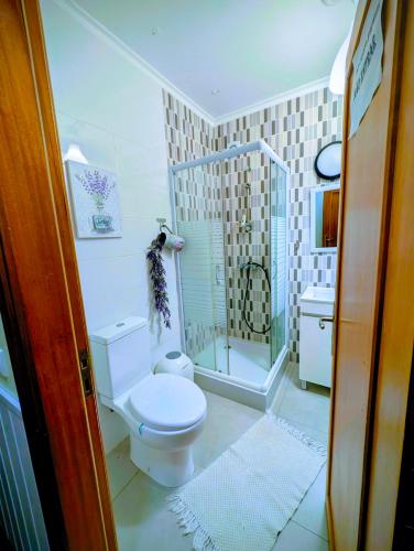 a small bathroom with a toilet and a shower at Madeira Native Motion Guest House in Fajã da Ovelha