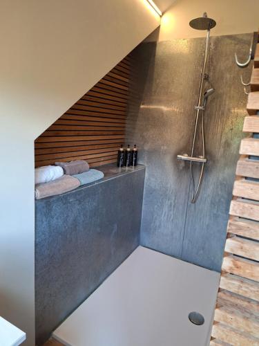 a bathroom with a shower with two sinks and towels at La Cachette de Simone in Spa