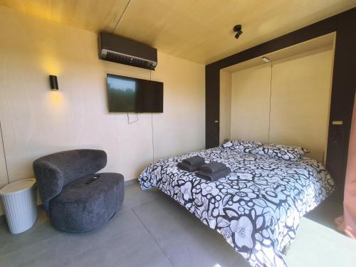 a bedroom with a bed and a chair and a television at KOARI - Studio Clim, Piscine in Auch