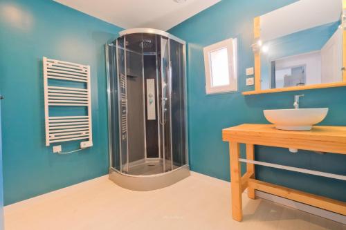 a bathroom with a shower and a sink at La Maison Jopateliére in Mohon