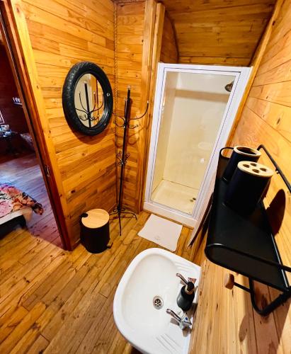 a bathroom with a sink and a mirror at Lake Cabin in Olifantshoek
