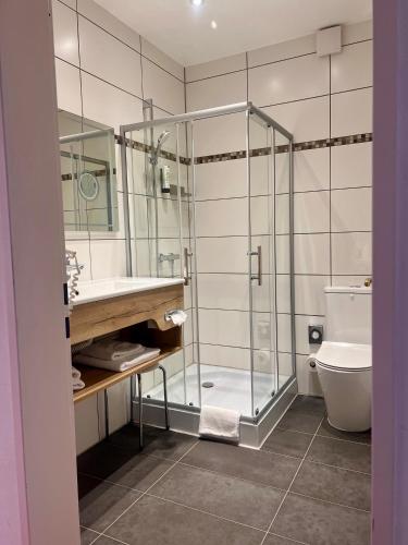 a bathroom with a glass shower and a toilet at Hotel Seeblick garni in Gartow