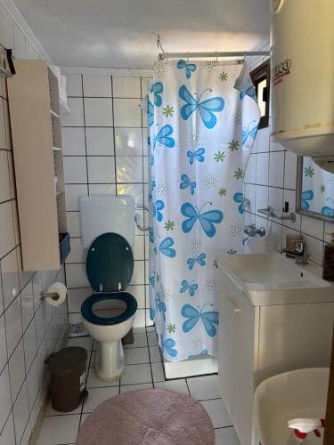 a bathroom with a toilet and a shower curtain with butterflies at Real Holidays Antoniadou - Rustic House in Elaiokhórion