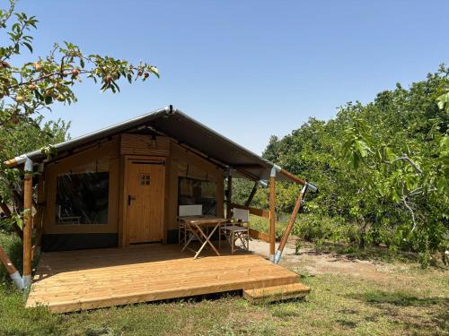 a small wooden cabin with a table on a deck at Vulture Glamping in Melfi