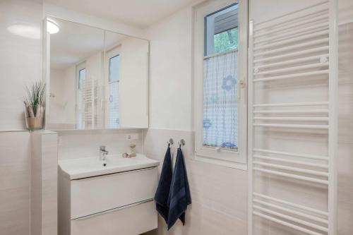 a white bathroom with a sink and a shower at Waldsiedlung Waldhaus App 2.2 in Korswandt