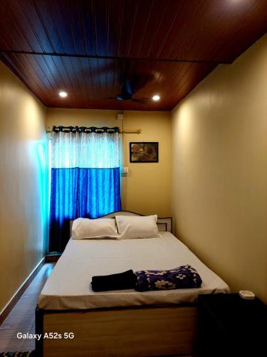 a bedroom with a bed with a blue curtain at Hotel Swagat in Itahari