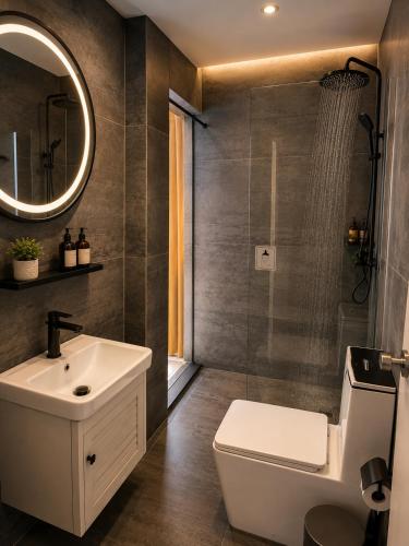 a bathroom with a sink and a toilet and a mirror at Boutique Hotel Bora in Peje