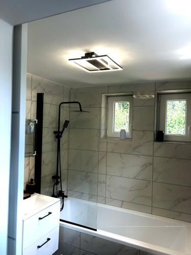 a bathroom with a shower and a tub and a sink at Fehér Villa in Kővágóörs