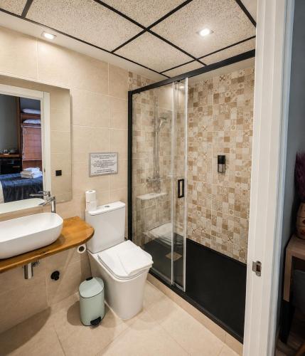 a bathroom with a toilet and a sink and a shower at Hostal Luxury Green Madrid Gran Vía in Madrid