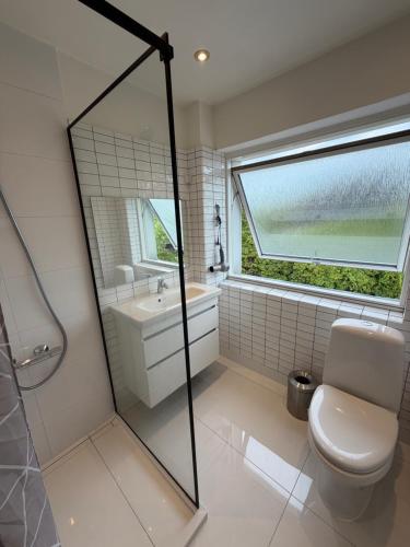 a bathroom with a shower and a toilet and a window at 24 h chek in big house in Copenhagen