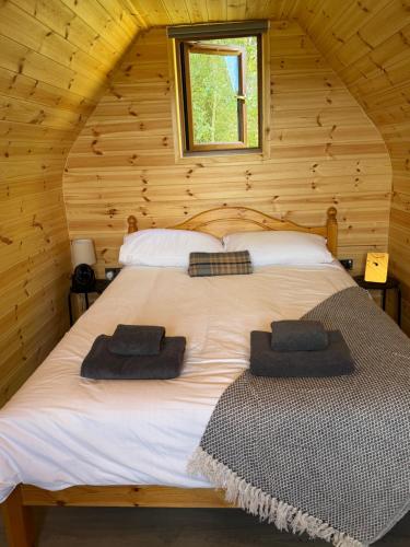 a bed in a wooden cabin with two pillows on it at Hill View Glamping Hut in Tregaron