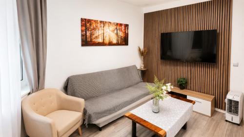 a living room with a couch and a chair at Gartenparadies mit Rheinblick in Urbar in Urbar
