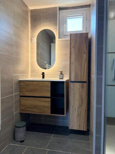 a bathroom with a sink and a mirror at Le clos du landreau in Saint-Père-en-Retz