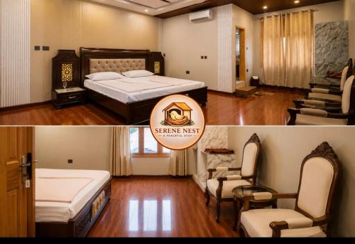 a bedroom with a bed and a living room at Serene Nest Hotel in Gilgit