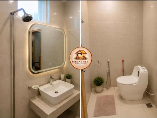 a bathroom with a sink and a toilet and a mirror at Serene Nest Hotel in Gilgit