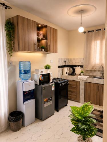 a kitchen with a stove top oven and a stove top at Faymu Homes in Kitengela 