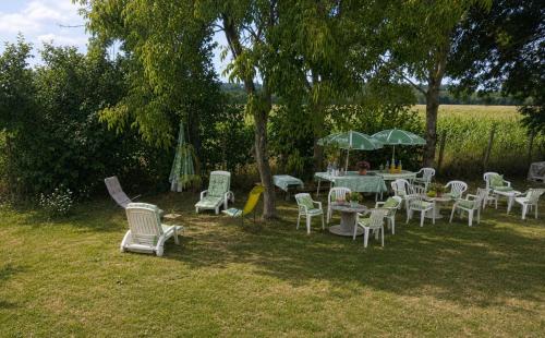 a group of chairs and tables under a tree at Les pieds dans l'eau Pergola in Fleurville